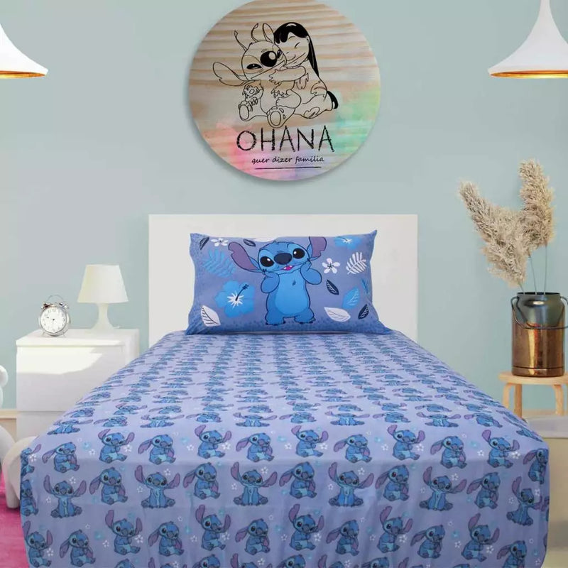 Jogo De Cama Infantil Solteiro Menina e Menino Lençol Em Malha Personagens Lilo e Stitch Disney 2 Peças